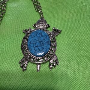 Silver Turtle Pendant Necklace with Blue Stone